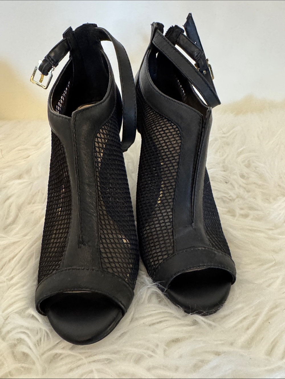 Jessica Simpson Black Mesh Peep-Toe Ankle Strap Heels